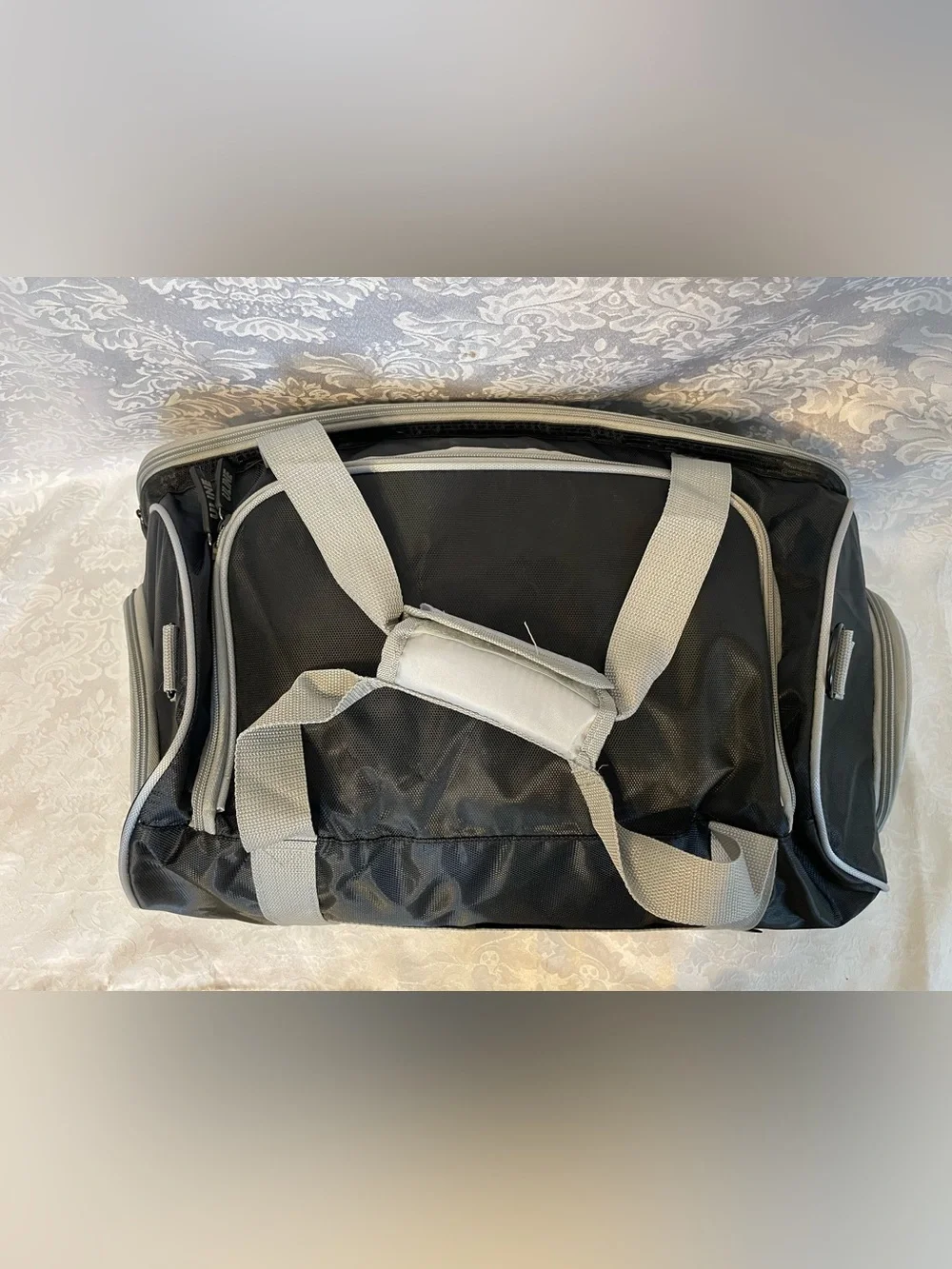 Men's Black Duffel Bag with Gray Straps - Classic Travel & Gym Bag